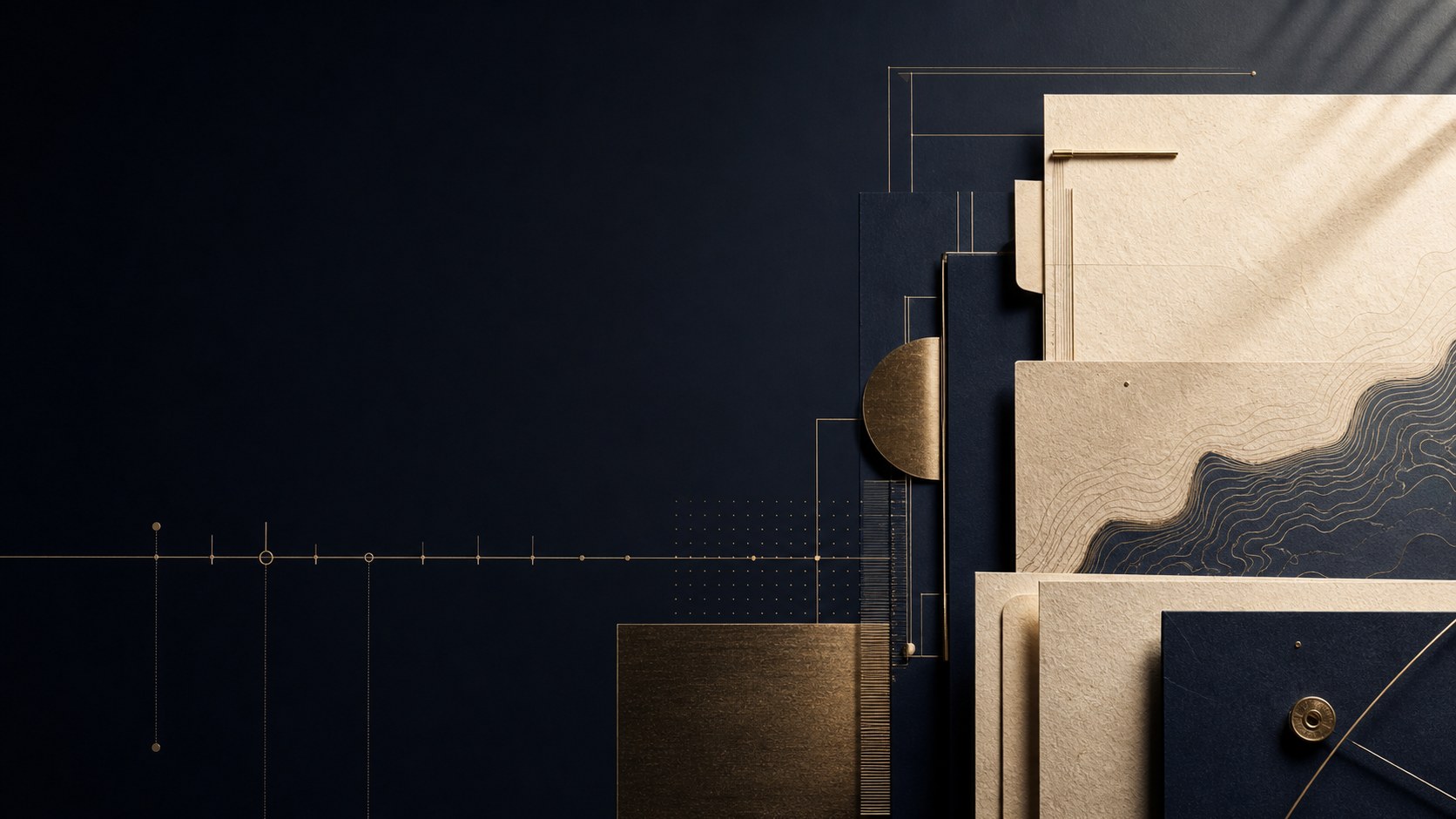 Case files, folders, a brass chronology rule, and mapping lines arranged on a dark surface.